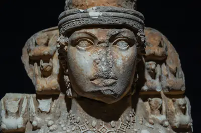 Close-up of the ancient Artemis statue in İzmir, Turkey, highlighting intricate details.