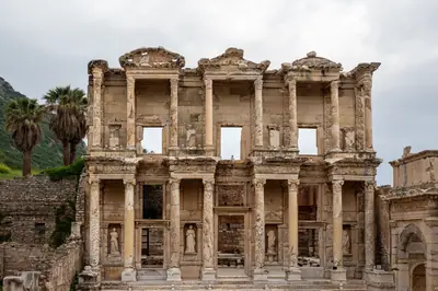Facade of the ancient Celsus Library in Ephesus, showcasing Roman architecture and historical significance.